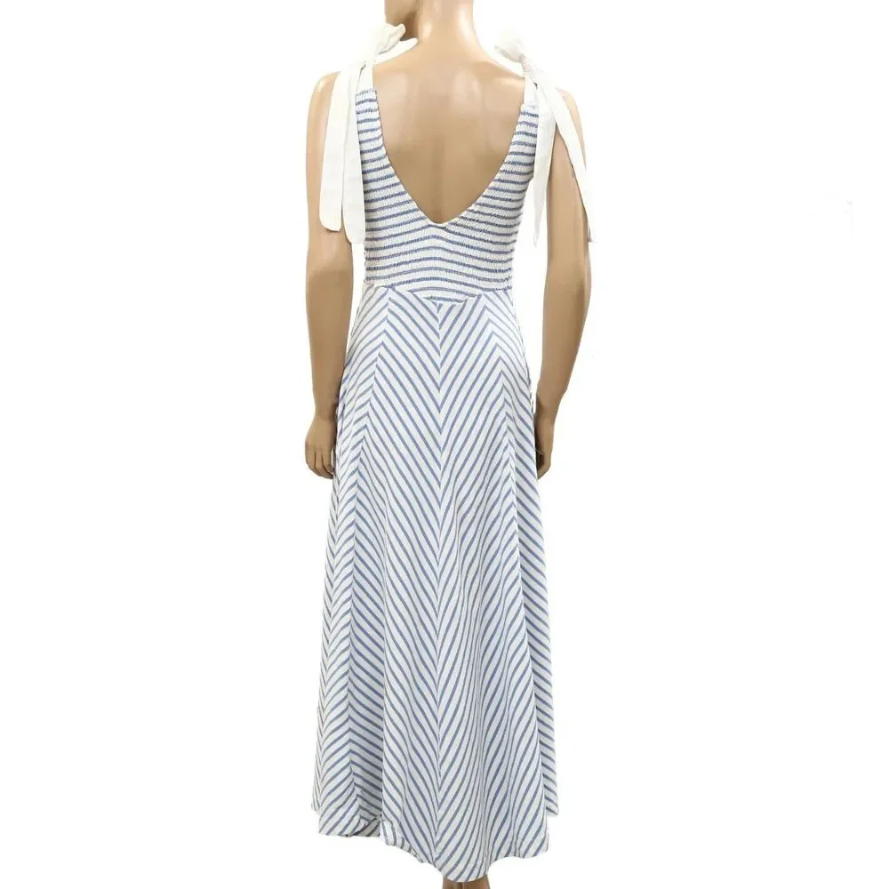 Free People Free-est Cecelia Midi Dress Striped Printed Smocked Cotton M 286355